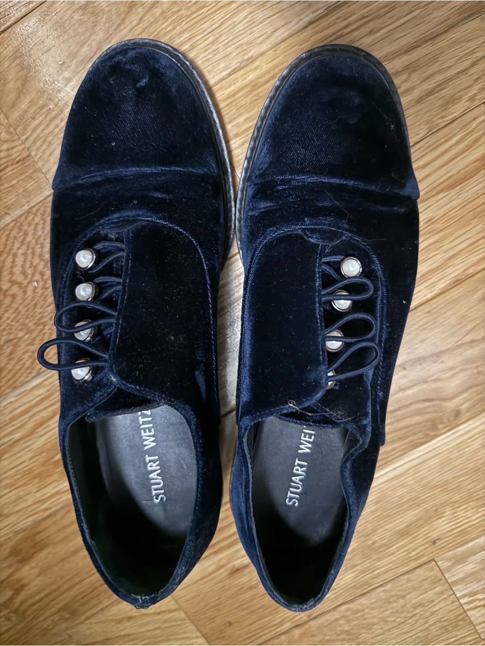 Stuart Weitzman Navy Velvet Lace-Up Oxfords with Pearl Eyelets